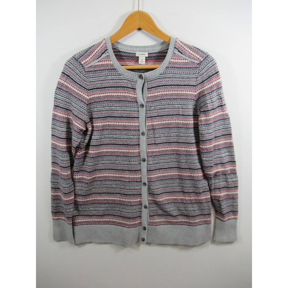 LL Bean Fair Isle Cotton/Cashmere Cardigan Sweater Women Medium Cottage Grandma